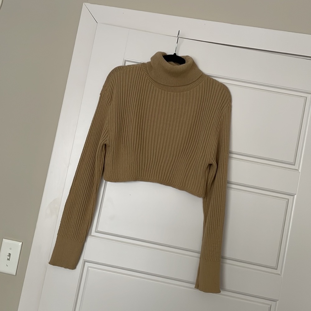 Pretty Little Thing Stone Ribbed Knitted High Neck Crop Top